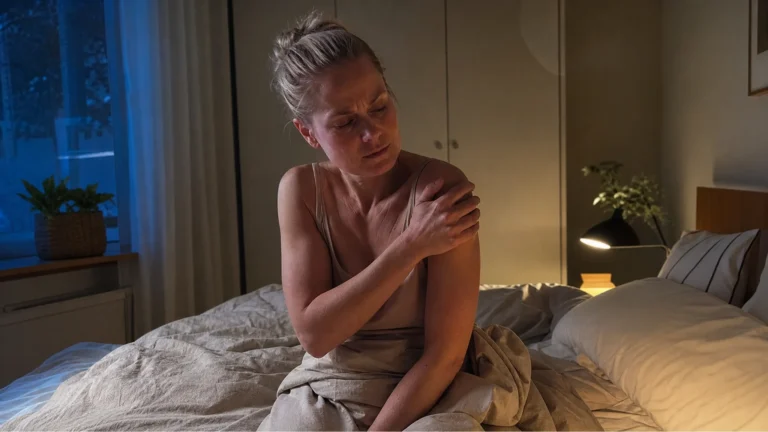 Olkapääkipu yöllä: nainen istuu sängyn reunalla ja pitää kipeästä olkapäästään kiinni.