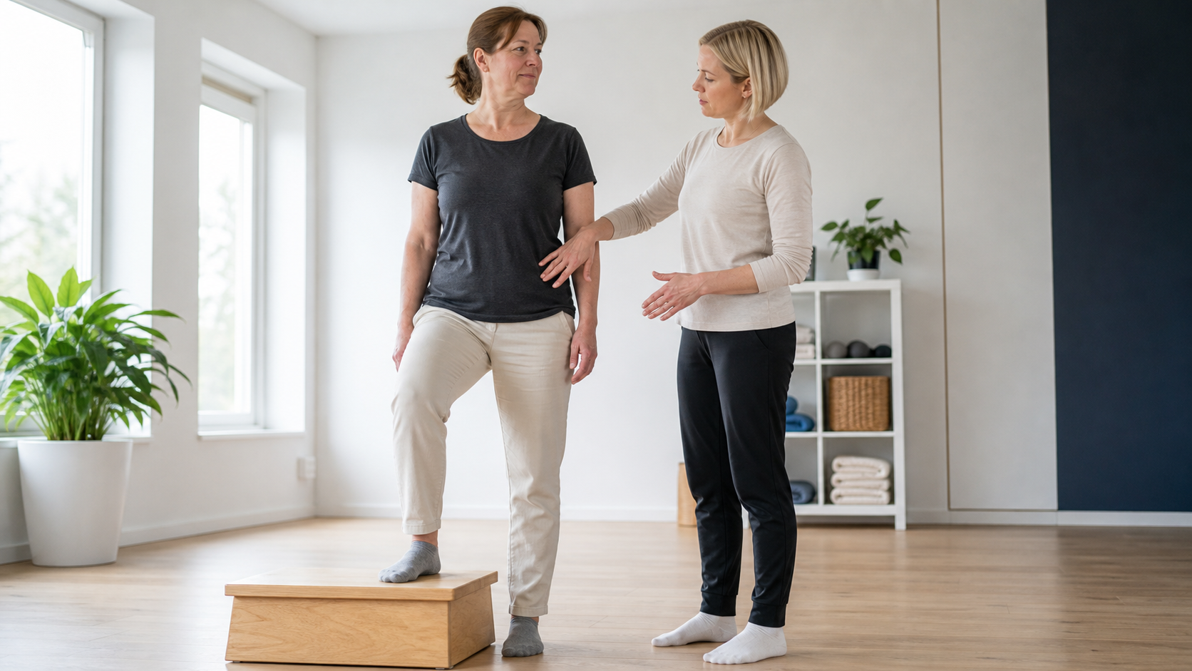 Fysioterapeutti ohjaa alaselkäkivussa seisoma-asennon vaihtelua nostamalla toisen jalan matalalle korokkeelle